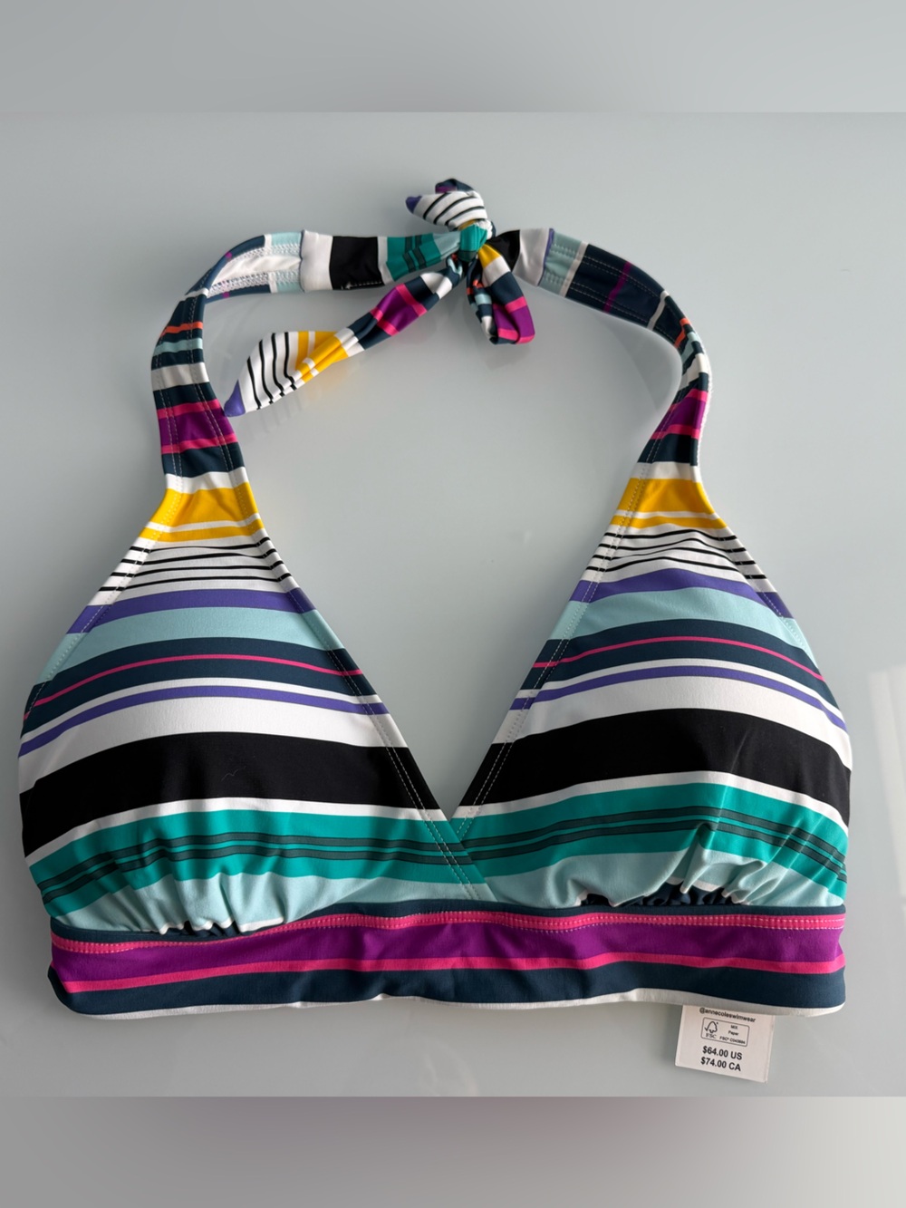 Anne Cole Women’s Multicolor Striped Halter Bikini Top Size D Cup